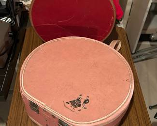 Pair of Mid Century Childs Hat Boxes, Travel Case Round, Mid Century Doll Suitcase.