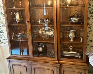 Gorgeous China Cabinet with SIlver Serving Pieces and Accessories