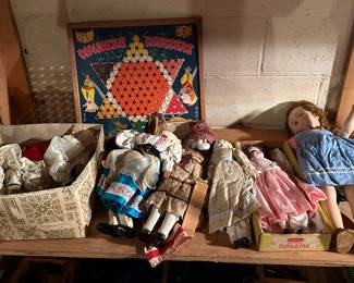 Assorted Dolls from the 1950's and 1960's and Vintage Chinese Checkers board.