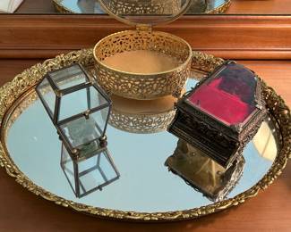 Gold Metal Mirror Plate with Music Box and Trinket Box