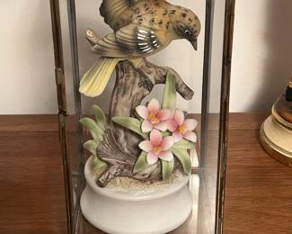 Porcelain Bird Figurine in Brass and Glass Display Case