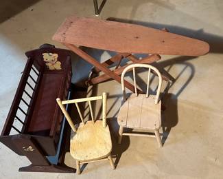 Vintage Children's Furniture - Rocking Crib, Chairs and Ironing Board