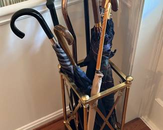 Brass Umbrella Stand w/ Umbrellas and Walking Canes