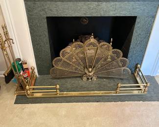 Brass Fireplace Peacock Screen, Fireplace Tools and Fireplace Fender