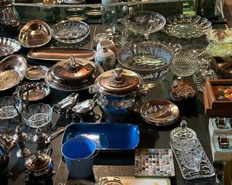 Crystal, Brass, Silver and Glass Vintage Serving Pieces and Decor