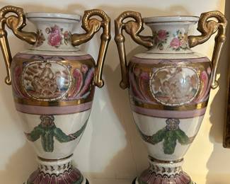 Pair of Painted Porcelain Double Handled Urns