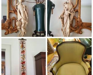 Here is a caloge: the wonderful pair of Asian vases make a magnificent statement; there is a pair of the Art Nouveau, Green vases; A wonderful bell ringer; and two of the yellowish green, large-back chairs.