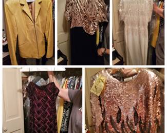 Lots of deluxe shoes, mainly size 6 . Dresses, coats, evening gowns, everyday wear, purses, scarves, and mink cape.