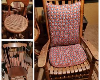 Vintage Seating: One rocker with rolled arms; the older rocker has slates and board arms, and your choice of a vintage bar stool.