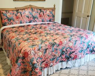 Note the rug with leaf patterning; the beautiful painting; the bed has another plush headboard with matching comforter. Custom Made