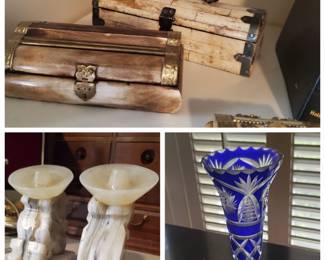 Gorgeous boxes, quartz bookends, and blue, cut glass bud vase.