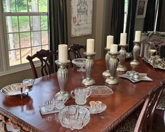 Candle sticks, crystal serving dishes, sterling