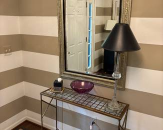 Accent table, mirror, lamp