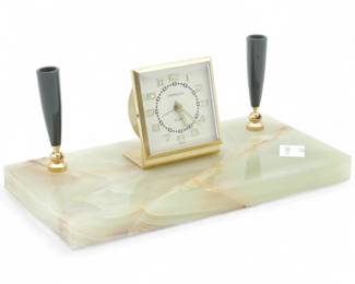 Vintage Overocean Onyx Desk Alarm Clock w/ Pen Holders