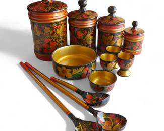 Vintage Khokhloma Hand-Painted Wooden Tableware Set