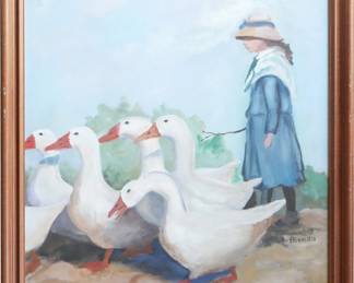 Signed Original Oil Artwork of a Girl with Geese
