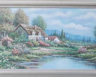 Signed W. Hodges Cottage Landscape Oil Painting