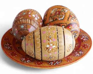 Vintage Ukrainian Folk Art Pysanky Carved Wooden Egg Set