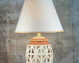This lot features a large mid-century three-way lamp in good working condition. Shade appears to be in original and in good shape. This lamp measures, 36” H x 22.5” W x 22.5” D.