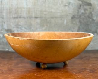 This lot features a 16” footed bowl, manufactured by Rio Grande Woodenware with maker’s stamp underneath. Rio Grande Woodenware is a brand name for handcrafted, rustic wooden kitchenware, particularly known for its hand-painted designs and vintage appeal.