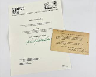 Bert Lahr (The Cowardly Lion) Autographed Note Card With Certificate Of Authority