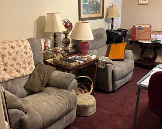 Recliners, lamps, and decor. The table between the recliners is inlaid with a backgammon board.