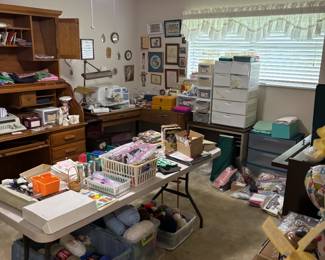 The Craft Room. Too much to list but note the two boxes of knitting yarn.