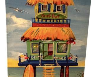 Surf Hut Painting on Canvas Signed Sharon