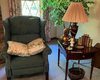one of two matching recliners, brass lamp & decorative accessories, Lane End Table