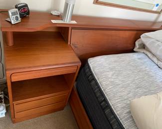 Queen bookcase headboard with two nightstands. Torring Danish teak furniture in outstanding condition.