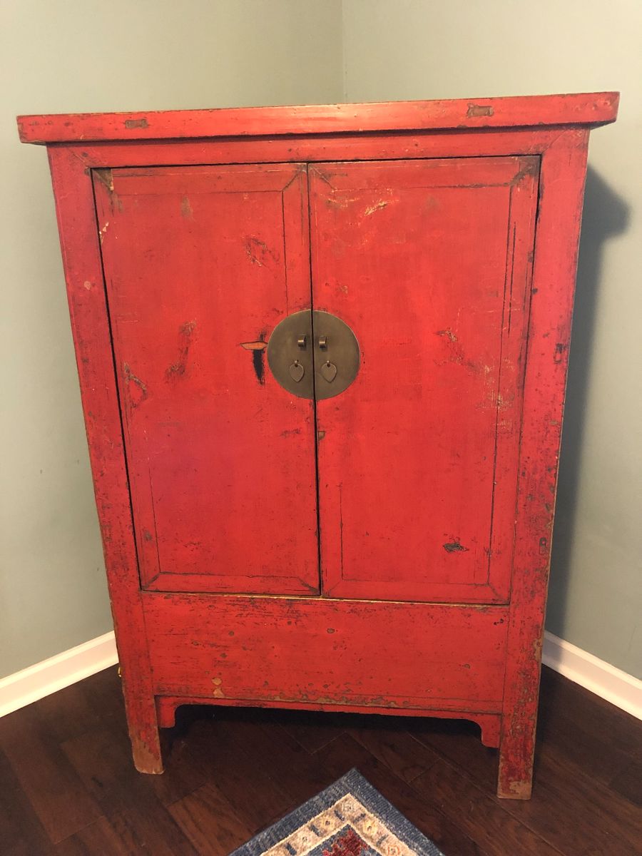 authentic 19th century Chinese Bridal Armoire, gorgeous cinnabar red, with amazing antique patina, real deal, heirloom and real statement piece - retails at $5000, priced to move!  