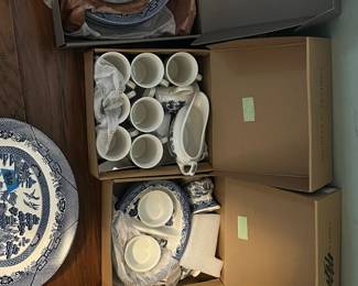 chinoiserie blue and white dishes, plus gravy boats, platters +
