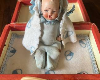 1940s German porcelain bisque doll, with all original accessories