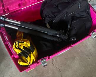 Photography equipment and large, sturdy bin with latches, in which to keep all of it