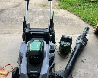 EGo brand lithium ion battery powered mower and blower, priced nicely, great find!