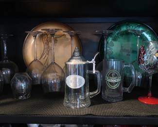 stemware, Neiman Marcus holiday trays, Guinness mug