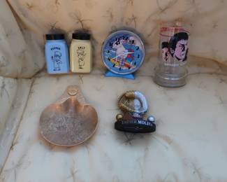 pepsi ashtray, Molina baseball item, tapan salt and pepper, spuds clock, star trek glass