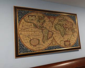 $95.00 fabric with picture of world framed