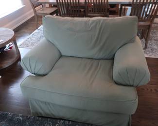 $195.00 Craftmaster chair. It is 42" x 42". There are two and one has a matching hassock. The hassock is 33" x 24 1/2"