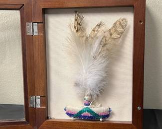 Lot #6 - Native American Hand Beaded Barrette w/ Feathers- Girl's Fancy Dance Hair Decoration- Stored in 9" x 12" Shadow Box