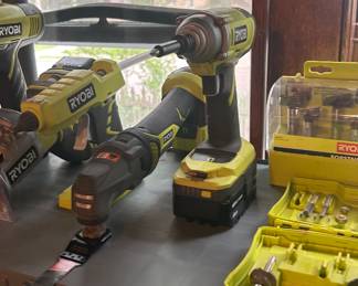 Ryobi Drill cordless brushless two drills, ryobi hot glue gun, Ryobi Oscillating multi-tool