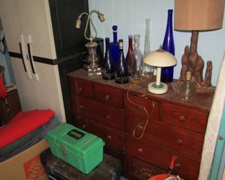 fishing box, dressers, lamps