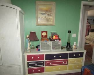 vintage painted dresser & wicker armoire