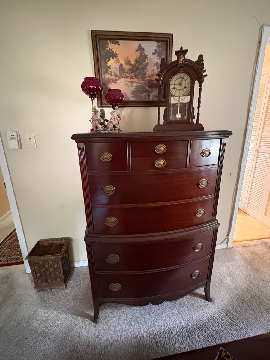 Vintage cherry chest of drawers, clock