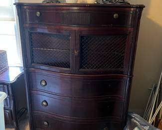 Chest of drawers with cabinet—needs TLC. Great refinishing project!