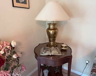 Vintage wood side tables and brass lamps