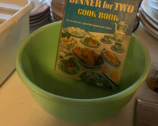 Vintage mixing bowl and cookbook
