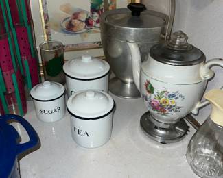 Vtg ice bucket, metal trio of jars, electric teapot.