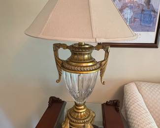 Vintage glass urn lamp pair and wood with glass inset side tables