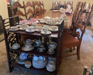 Tea Sets, 102" x 41" wood Dining Table with 2 Leaves, French Country Ladderback Wood Chairs 10pc Set, Antique Johnson Bros Ironstone China Set